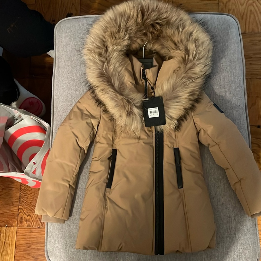 Mackage Kids Tan Hooded Puffer Coat with Faux Fur Trim